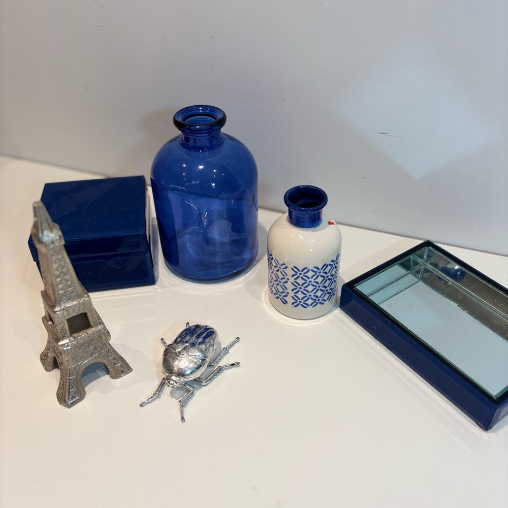 Blue and White Decorative Vase Set with Silver Accents